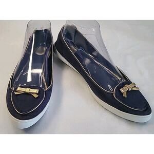 Tory Burch Dakota Flats Navy Canvas w/ Gold Bow Size 8M Preppy Chic